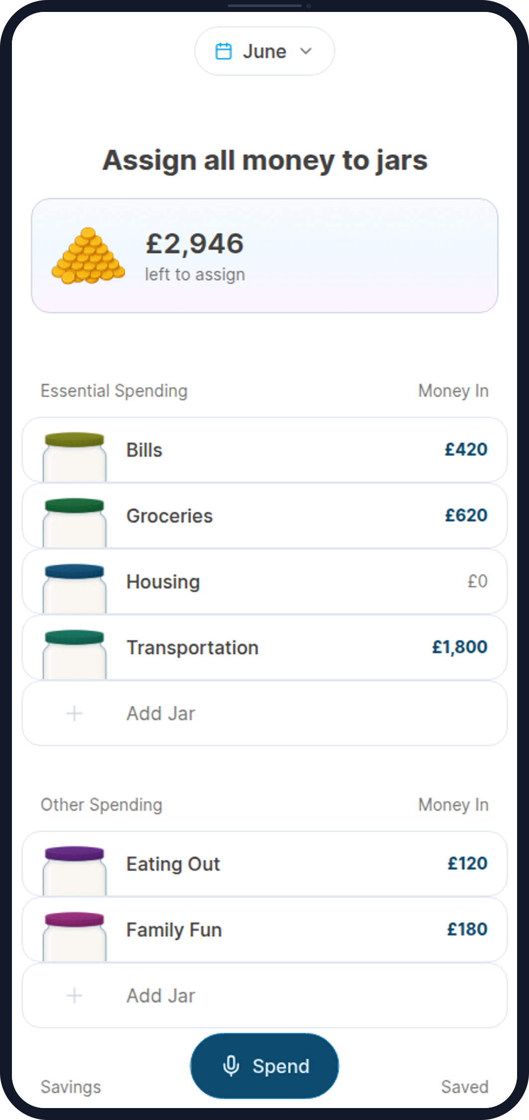 Famcash phone screenshot showing income ready to be split into jars.