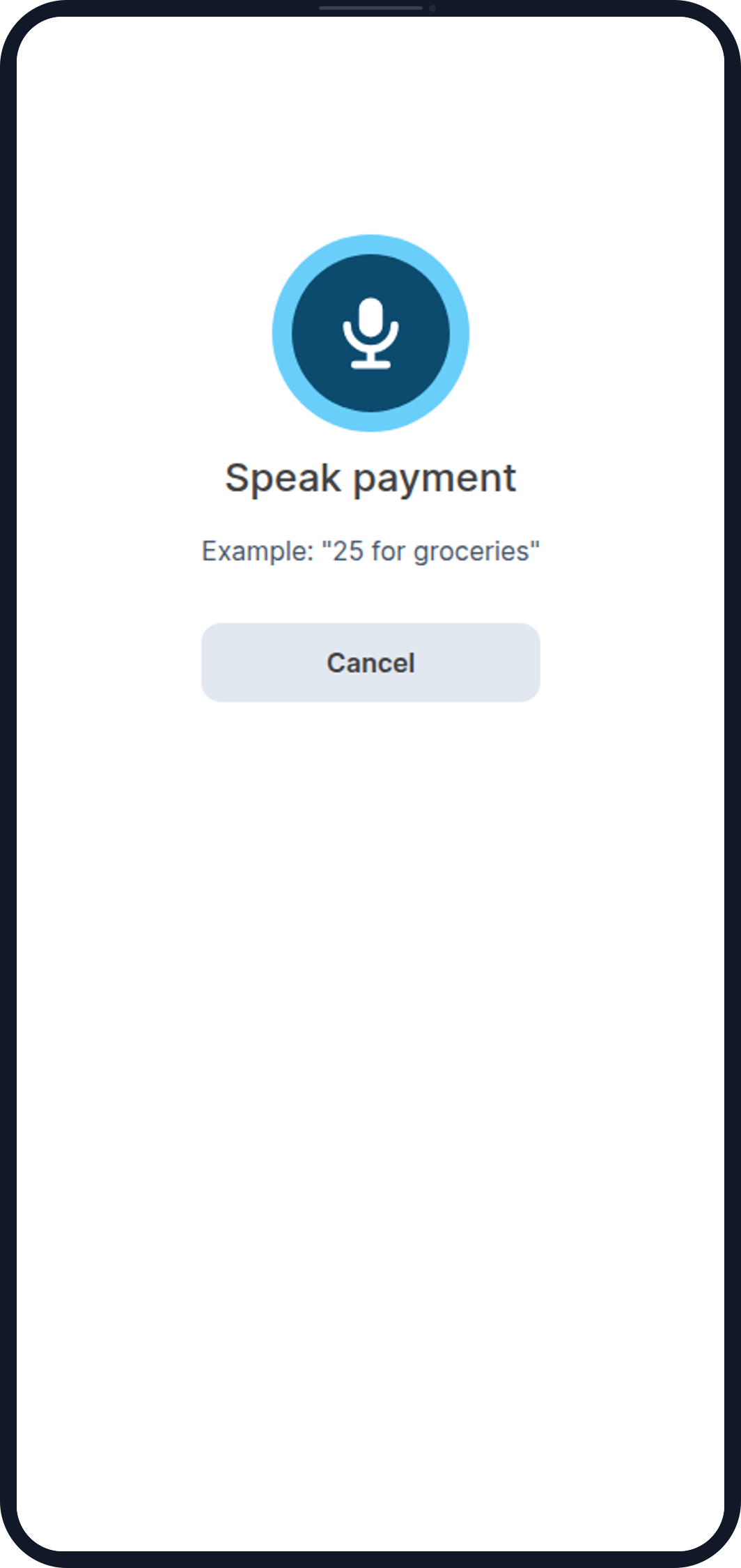 Famcash phone screenshot showing a voice spending transaction being recorded.